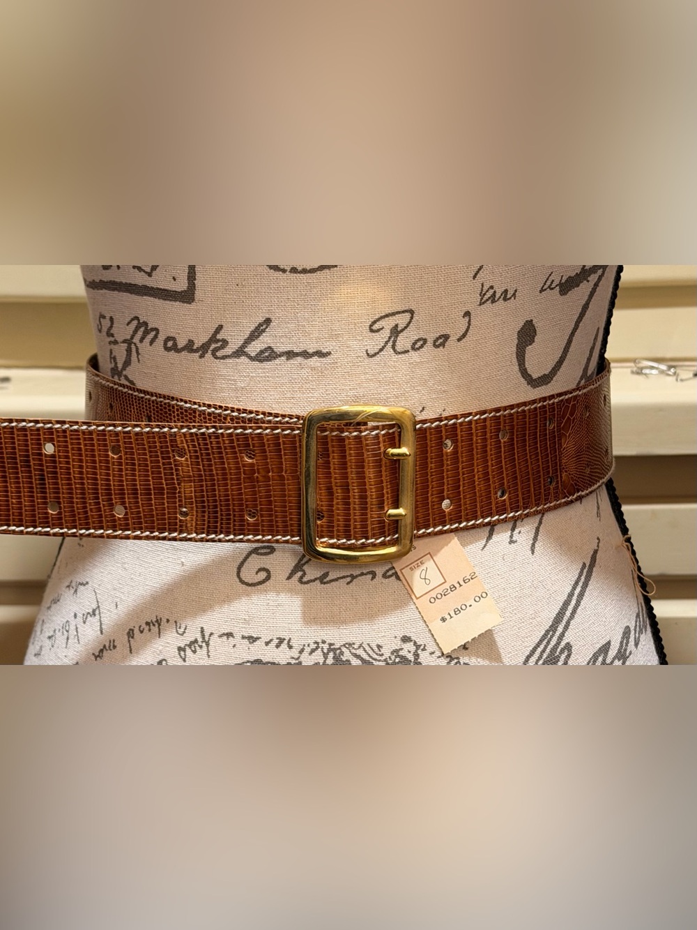 NWT Vintage Escada Tan Lizard Embossed Leather Gold Metallic Belt